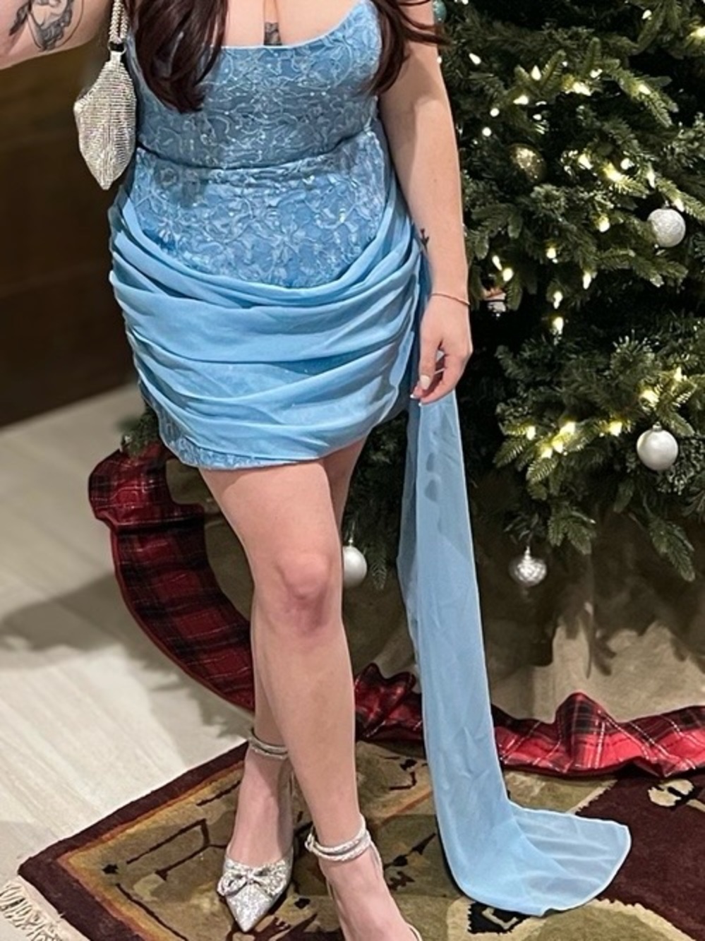 Showpo Light Blue Lace Draped Mini Dress with Side Sash